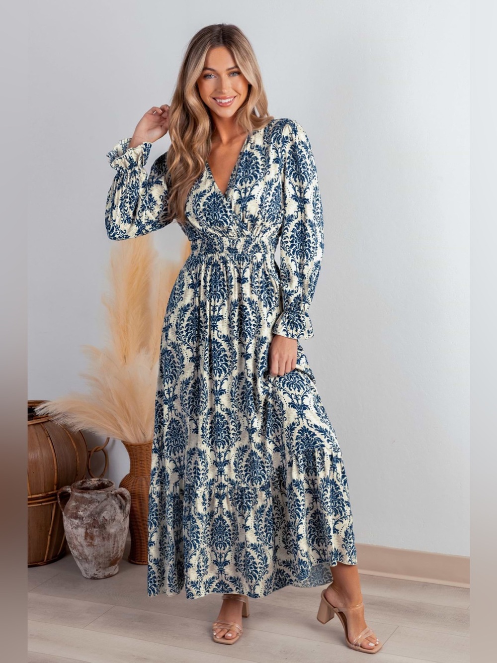 Cupshe Blue Damask Blouson Sleeve Ruffle Cuff Maxi Dress